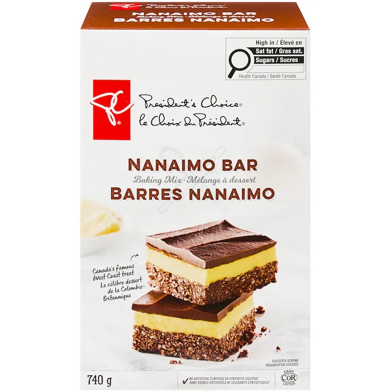 President's Choice Nanaimo Bar Baking Mix 740g front package with layered Nanaimo bars