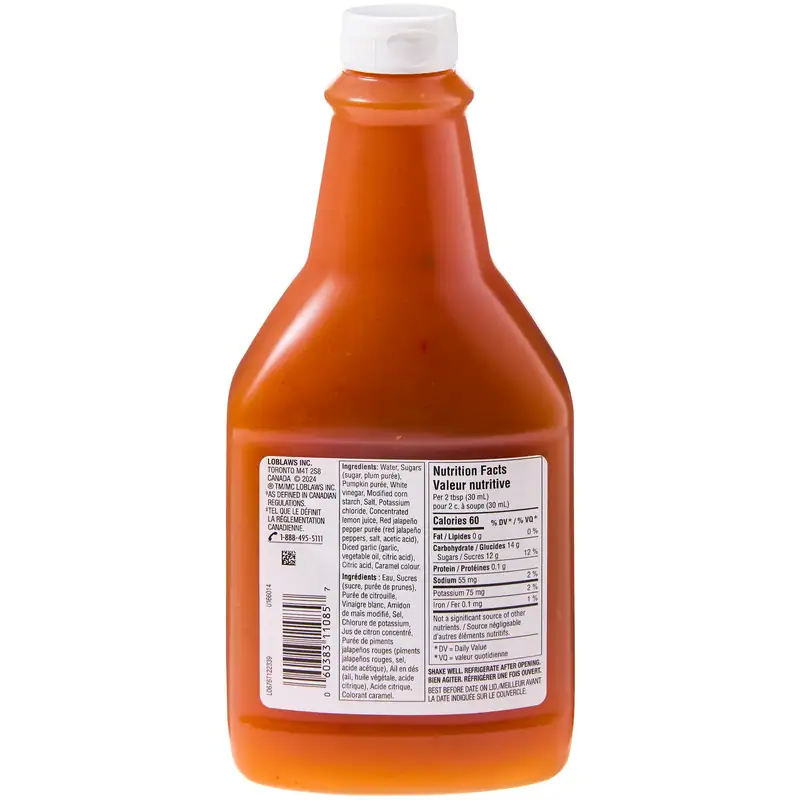 Back view of President's Choice Plum Sauce 750 mL bottle with nutrition and ingredient label