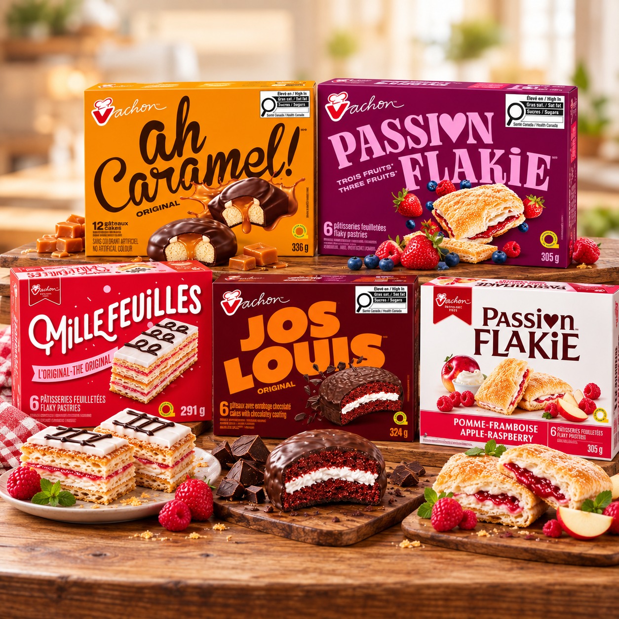 Vachon Favorites 5-Pack assorted Canadian snack cakes displayed on a wooden table
