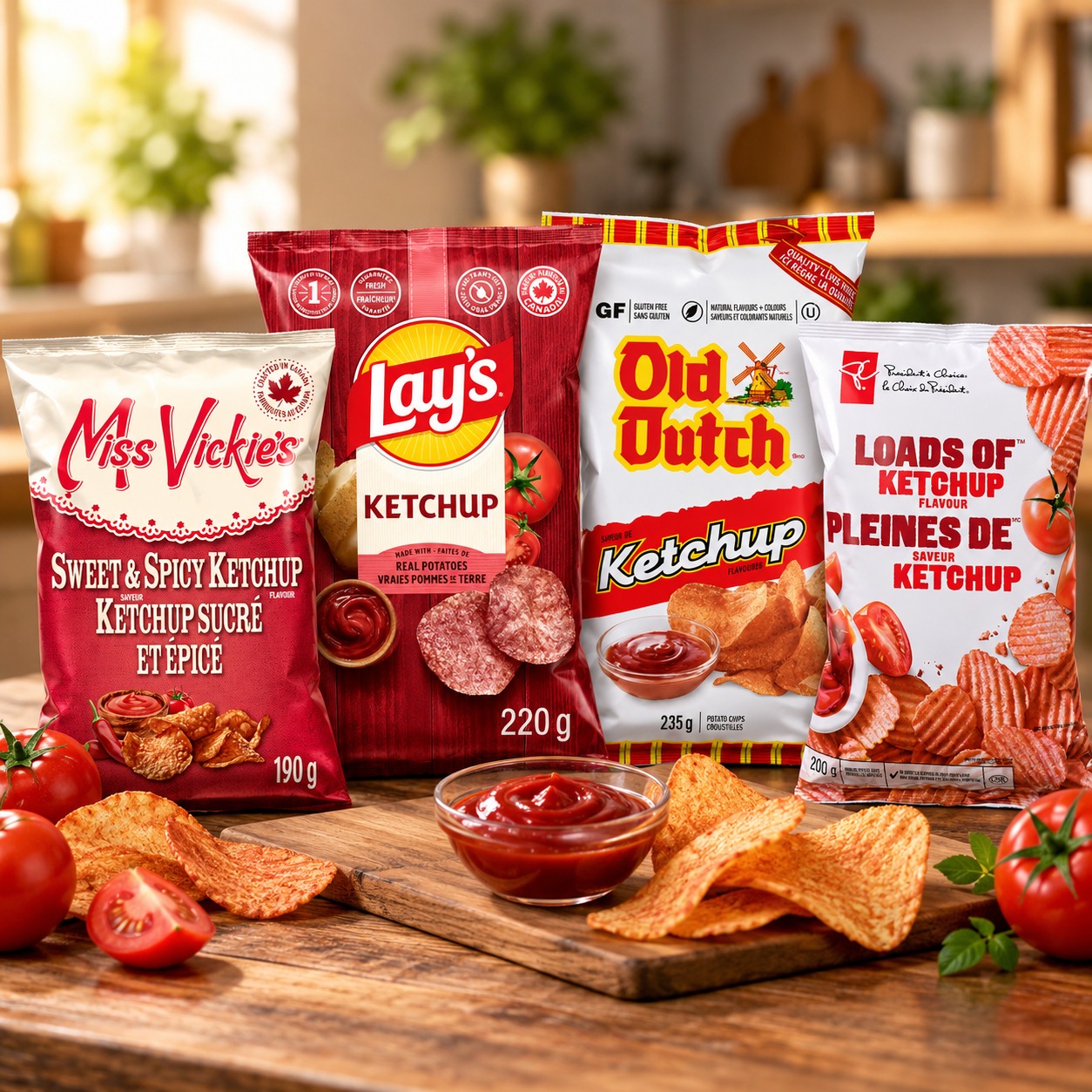 Ketchup Chips Taste Test 4 Pack featuring four assorted ketchup flavored potato chip bags