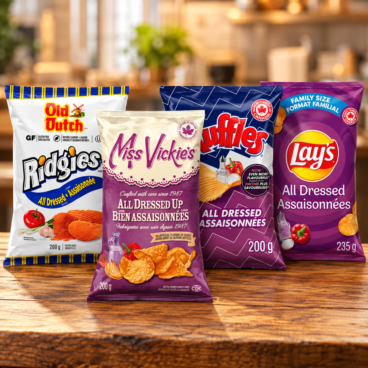 All Dressed Chips Taste Test 4 Pack featuring four Canadian chip varieties on a wooden table