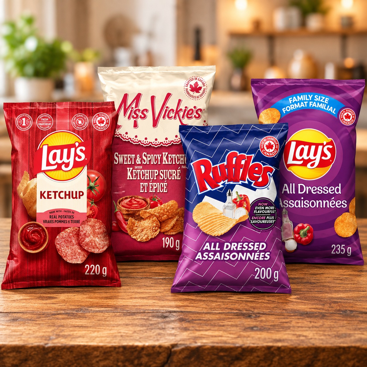 Ketchup vs All Dressed Canadian chips 4-pack featuring Lay's and Miss Vickie's varieties