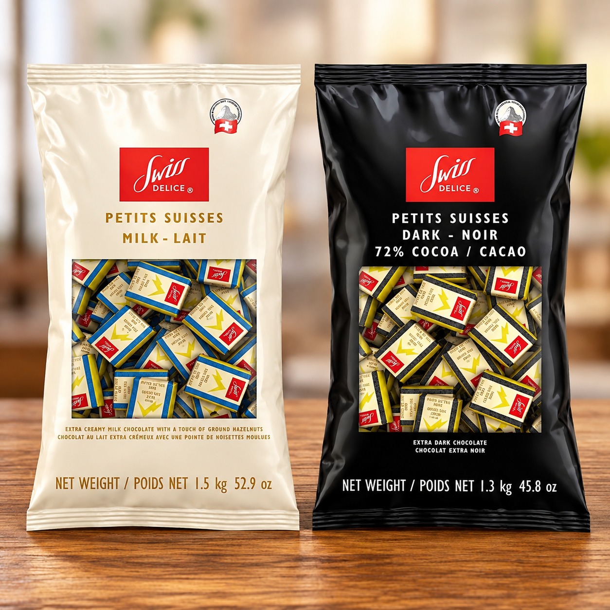 Swiss Delice Milk & Dark Chocolate Variety 2-Pack displayed together on a wooden table