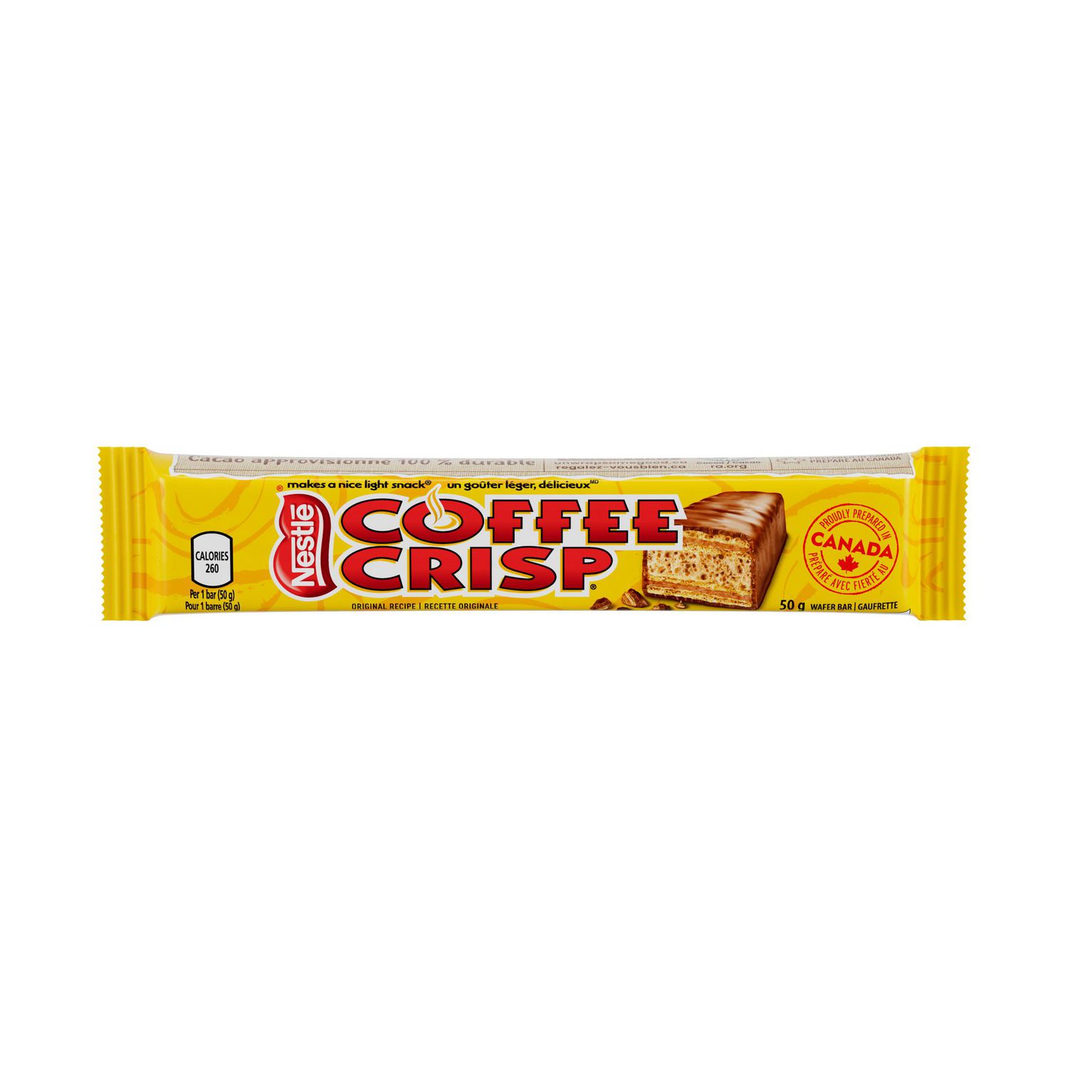 Single Coffee Crisp 50g chocolate-covered wafer bar on a white background