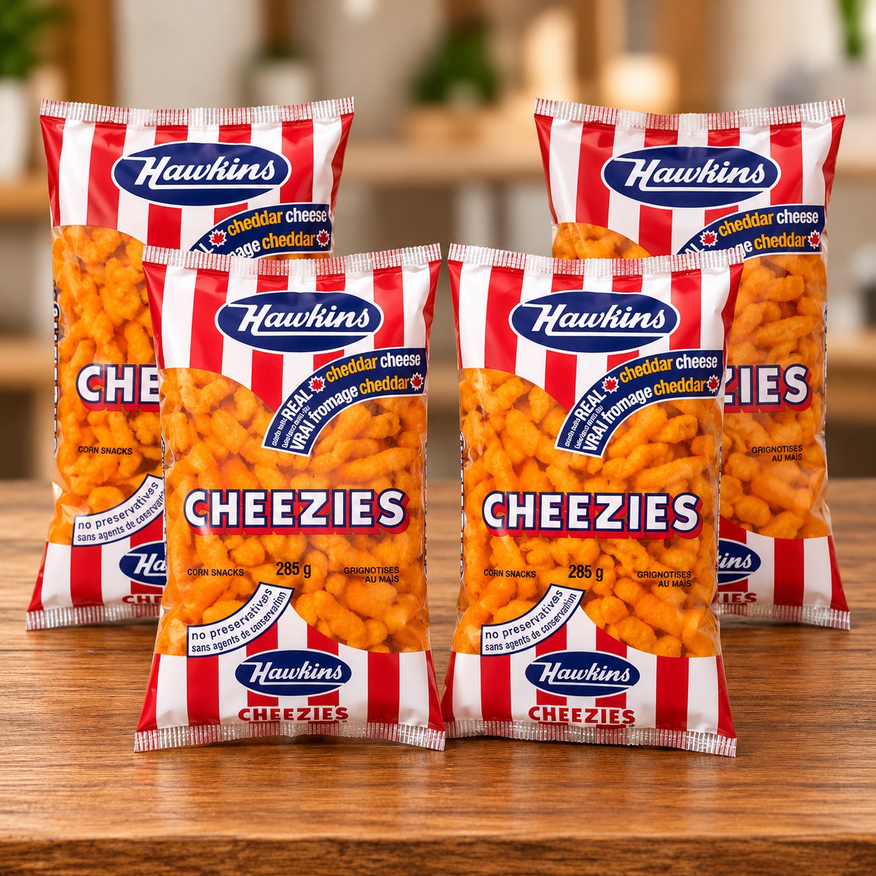 Hawkins Cheezies 4-Pack with four 285g bags of cheddar cheese corn snacks