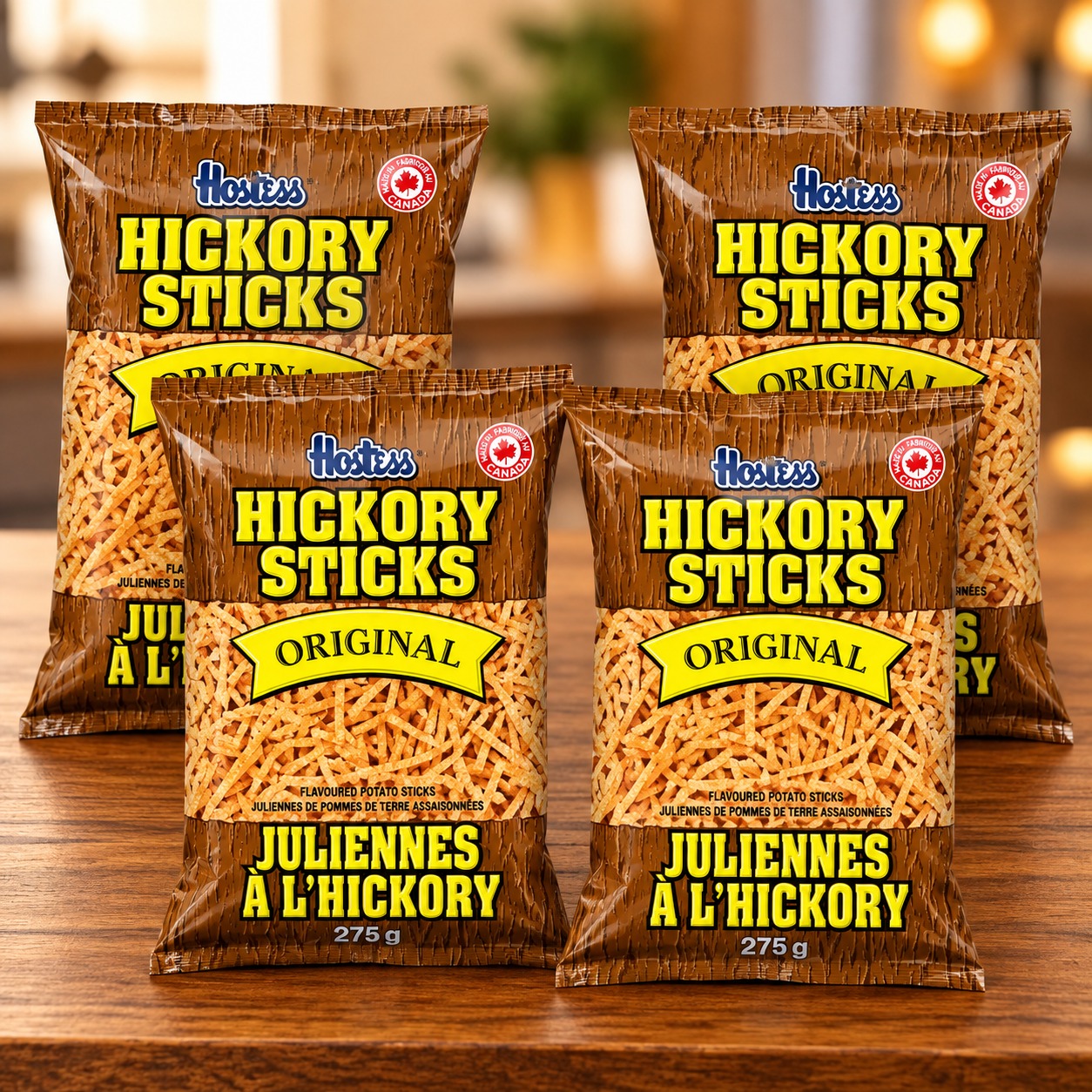 Hostess Hickory Sticks Original Potato Sticks 4-pack arranged on a wooden table