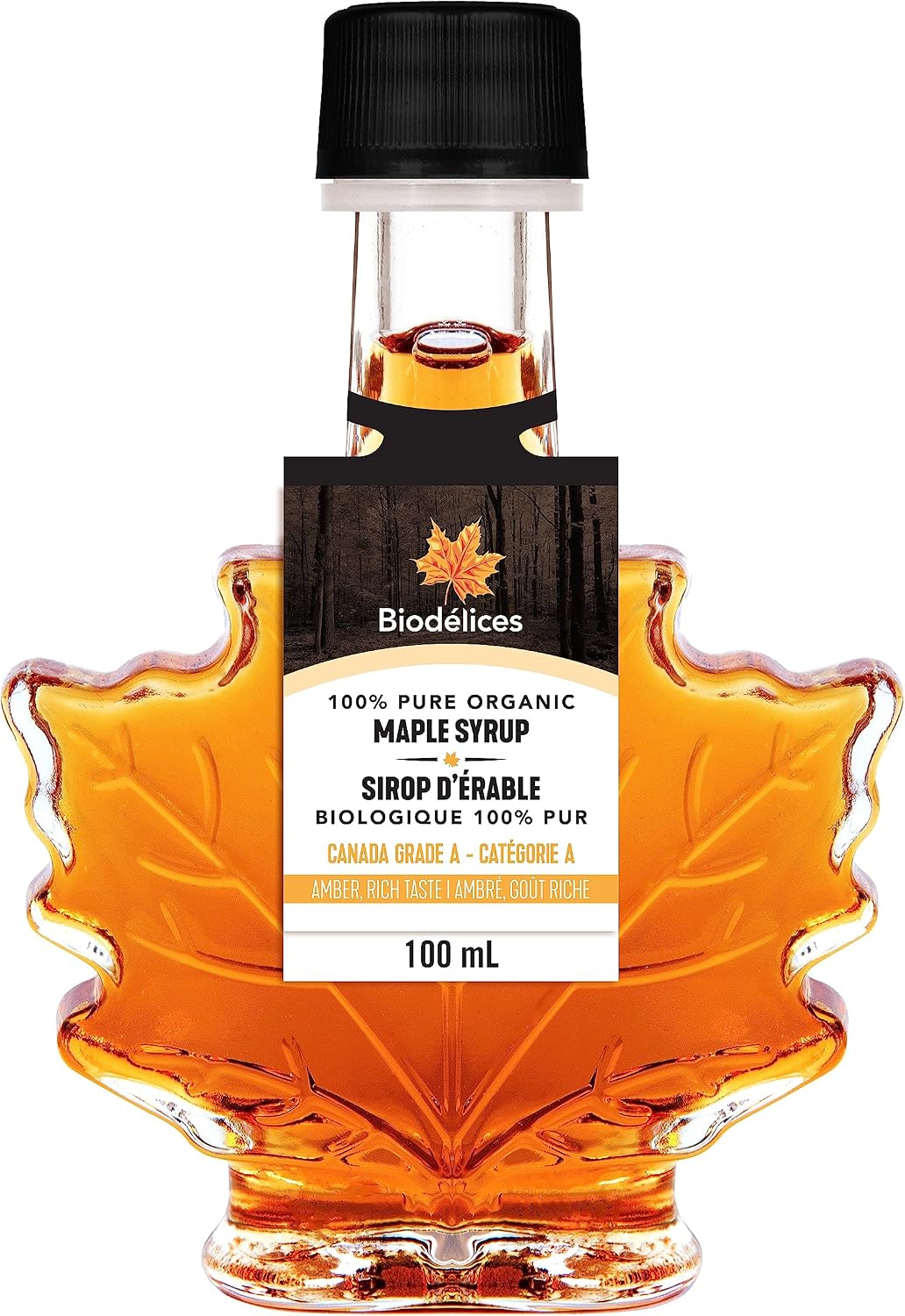Biodélices 100% pure organic Canadian maple syrup Grade A Amber 100 mL in maple leaf bottle