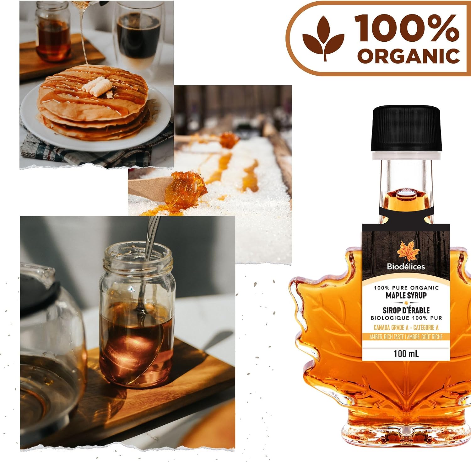 Biodélices maple syrup bottle displayed with pancakes and maple syrup serving ideas