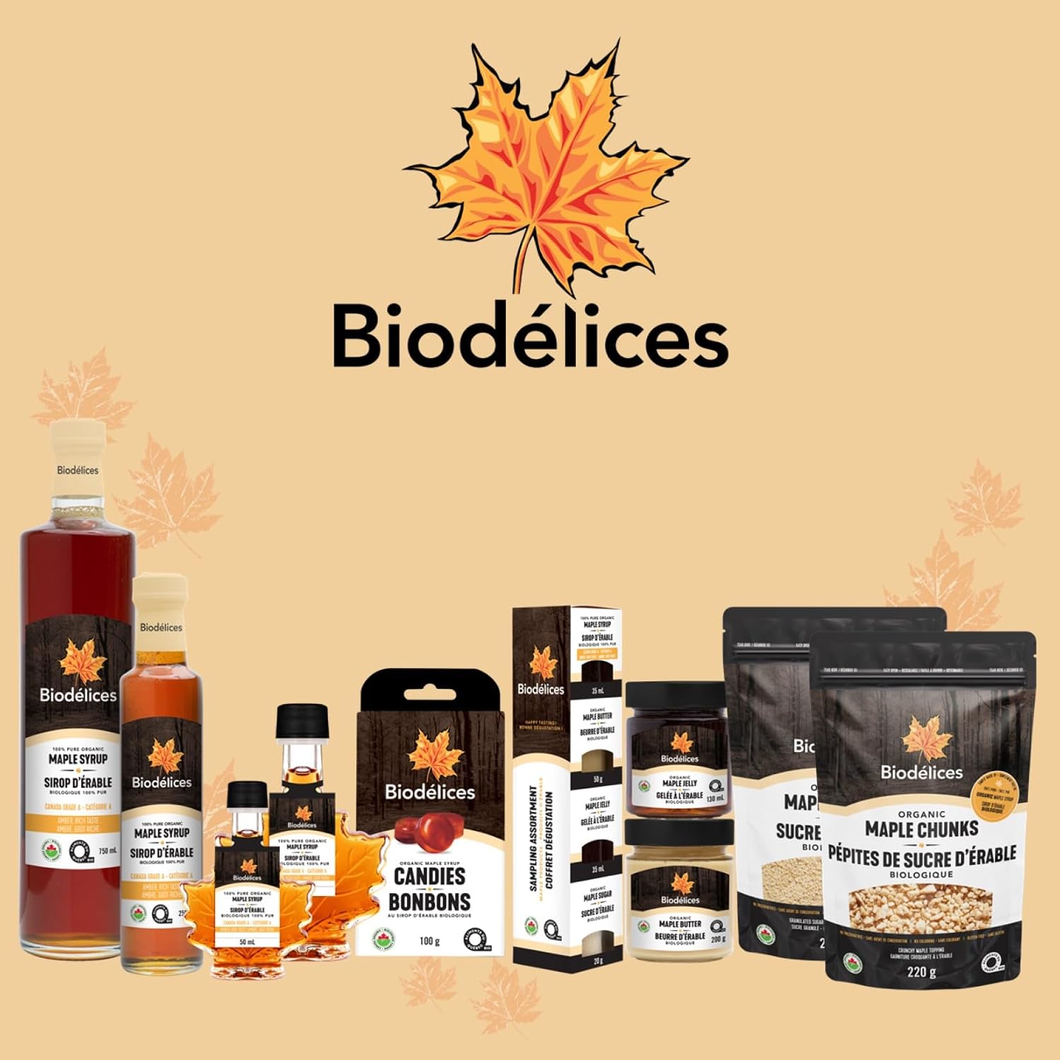 Biodélices maple syrup collection featuring Canadian organic maple products