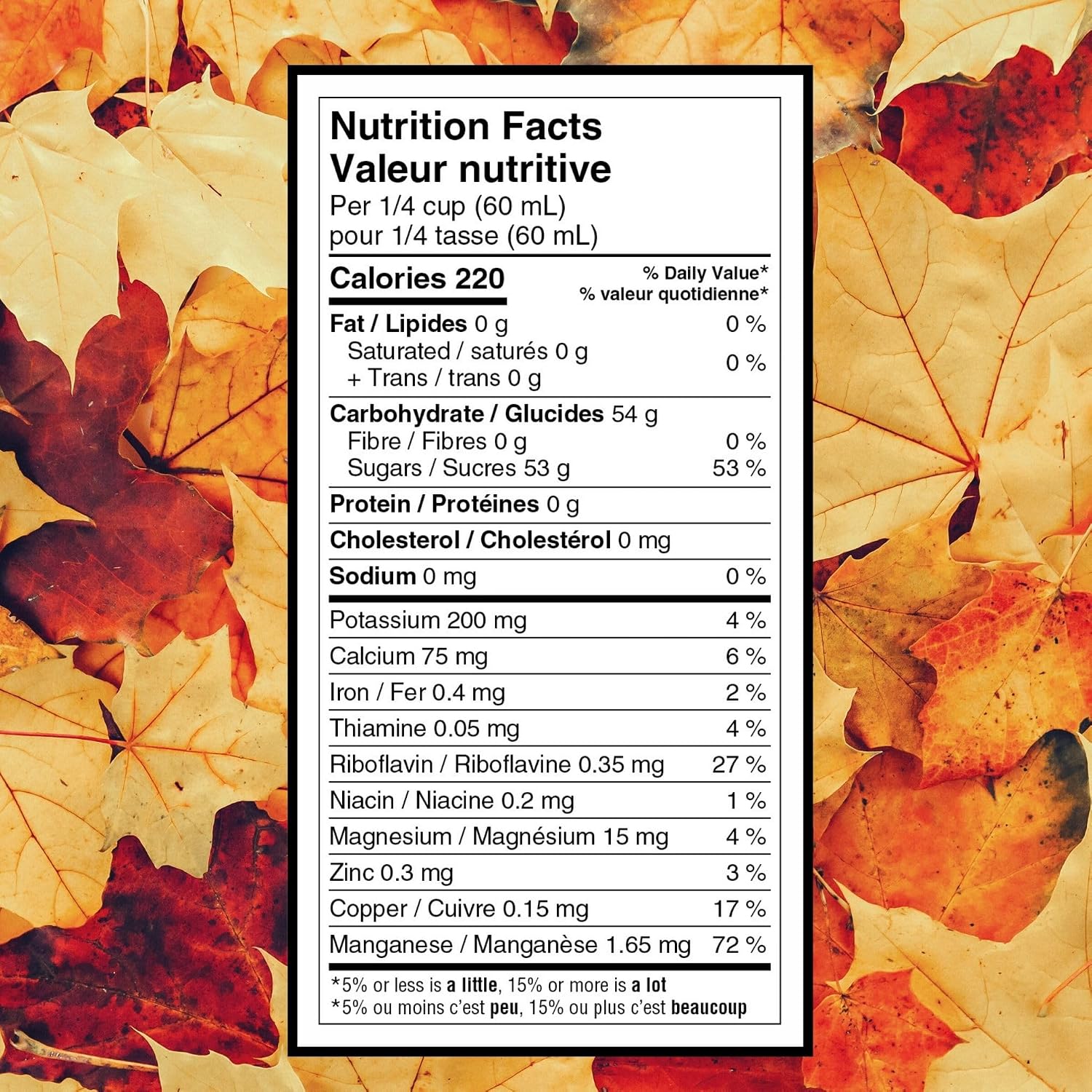 Biodélices maple syrup nutrition facts showing serving information and nutrient values