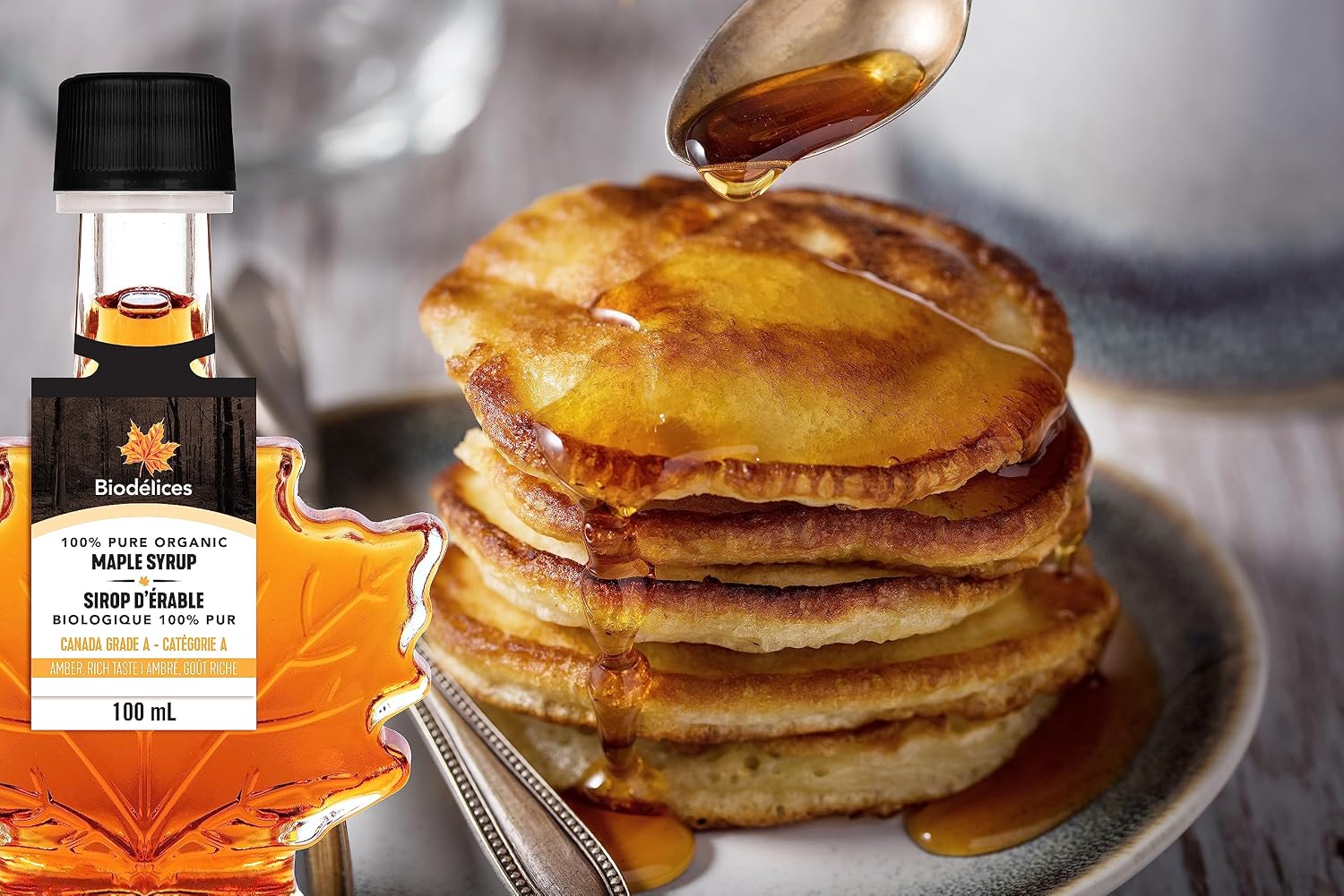 Biodélices organic maple syrup served over a stack of golden pancakes