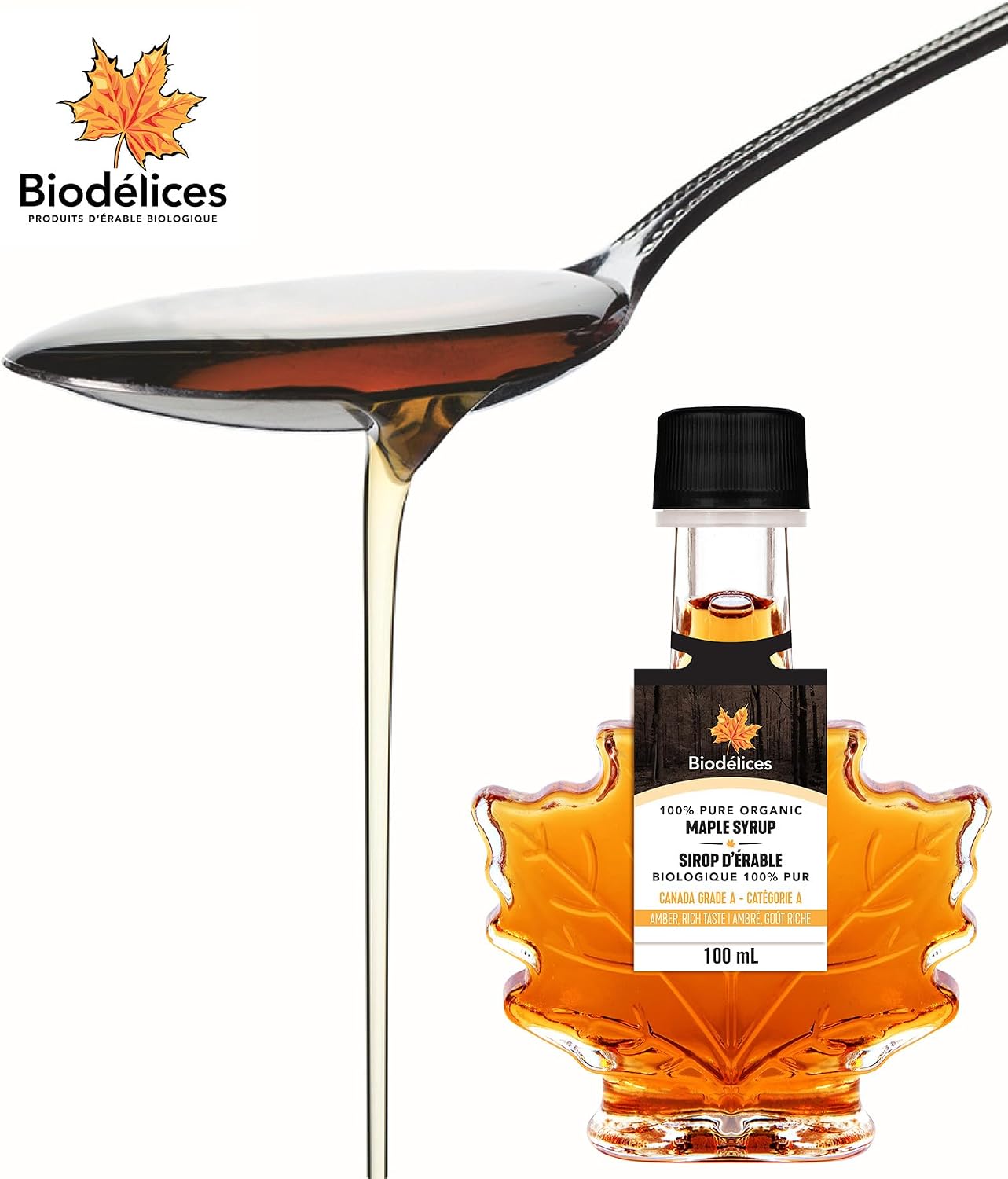 Biodélices pure organic maple syrup bottle beside a spoon filled with amber syrup