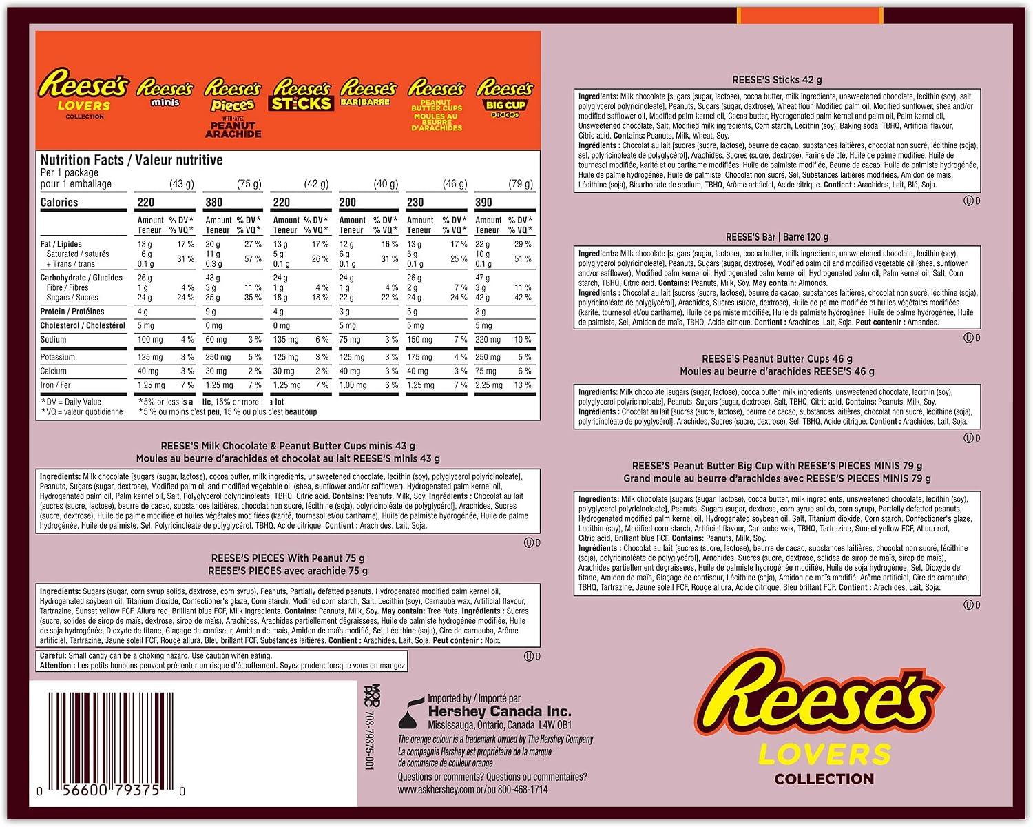 Back of REESE'S Lovers Collection gift box showing nutrition facts and ingredient information