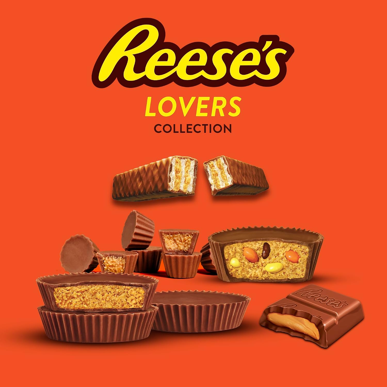 REESE'S Lovers Collection assortment displayed with peanut butter cups, wafer treats, and chocolate pieces
