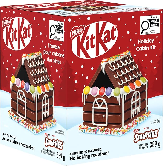 French packaging of KIT KAT Holiday Cabin Kit with decorated chocolate cabin