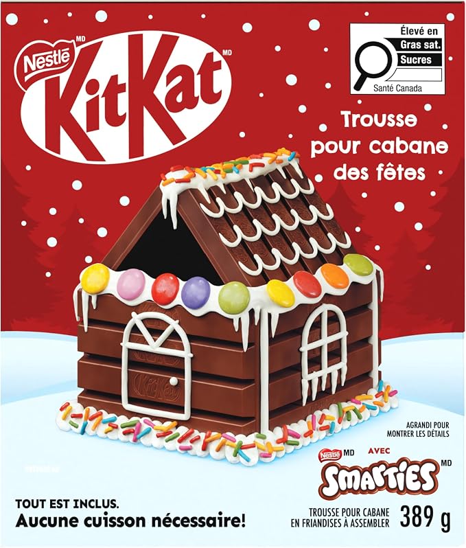 KIT KAT Holiday Cabin Kit detailed ingredients list for KIT KAT, SMARTIES and decorations