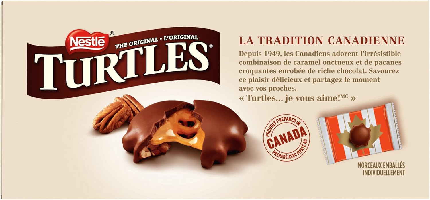 NESTLÉ TURTLES Canadian tradition packaging featuring chocolate caramel and pecans