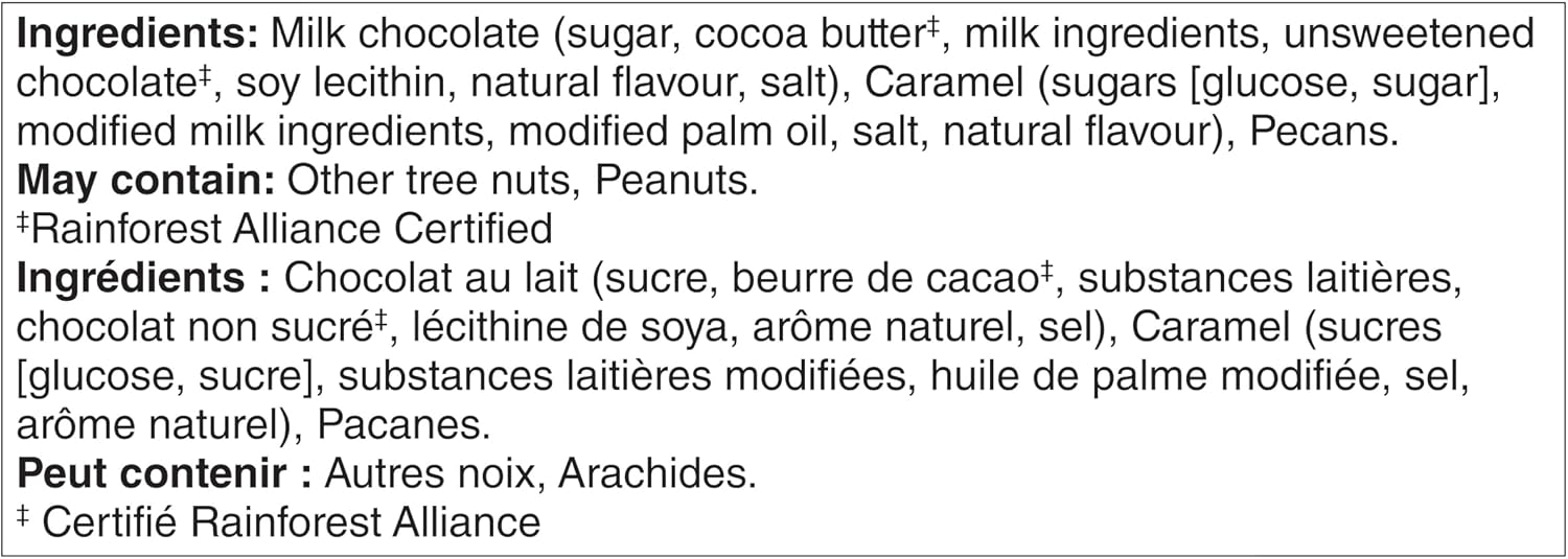 NESTLÉ TURTLES milk chocolate caramel and pecan ingredients label