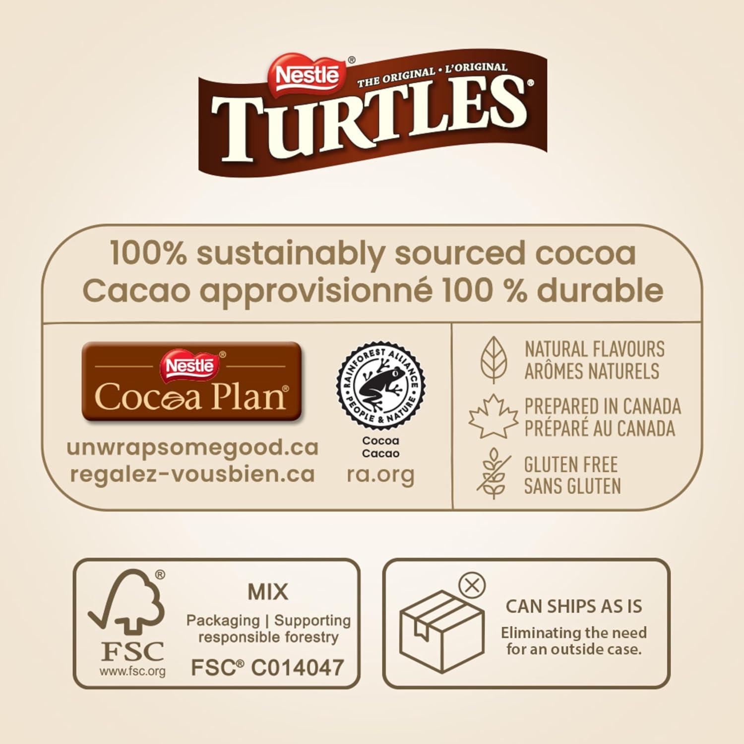 NESTLÉ TURTLES packaging showing sustainably sourced cocoa and Rainforest Alliance information