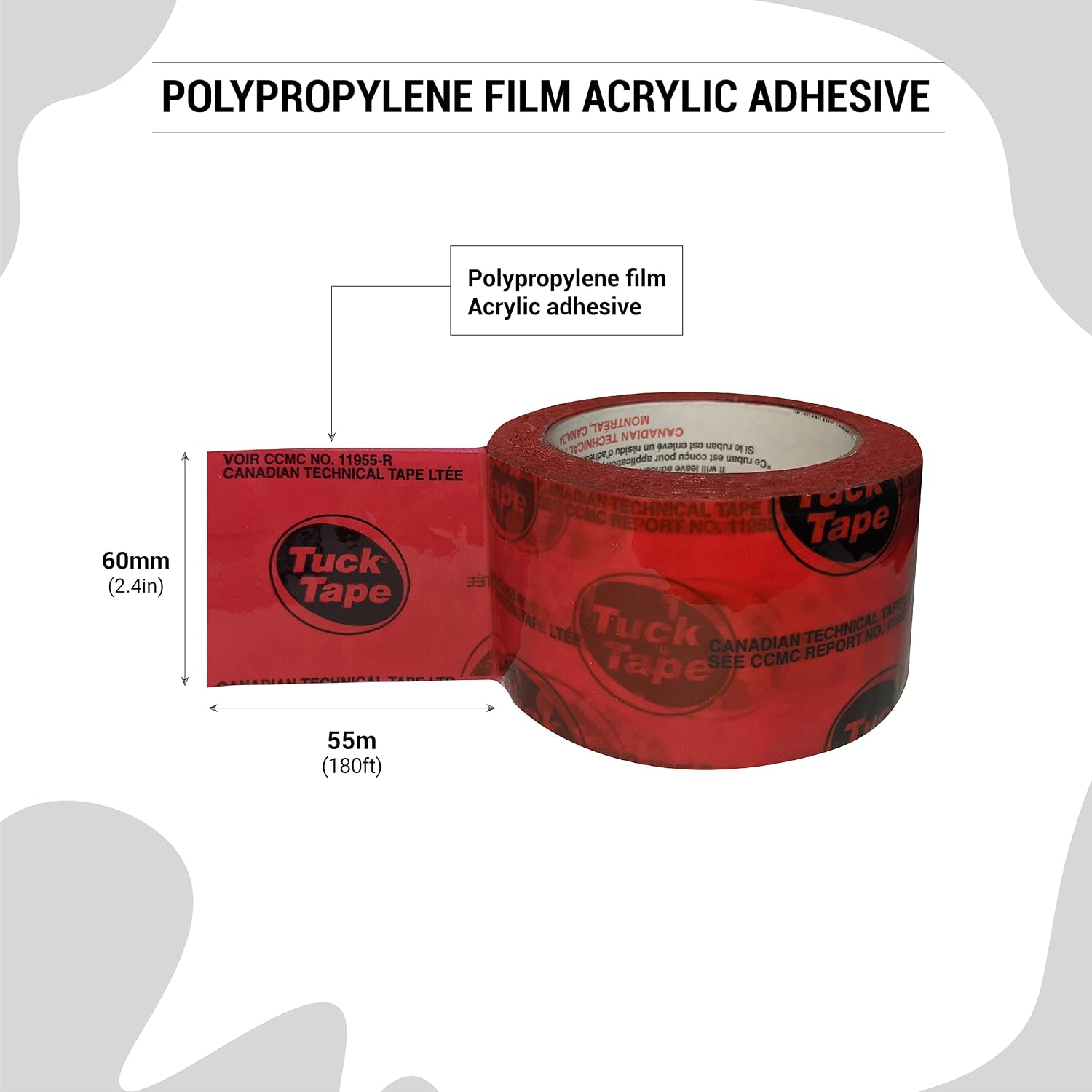 Tuck Tape red construction sheathing tape roll showing product label and adhesive tape