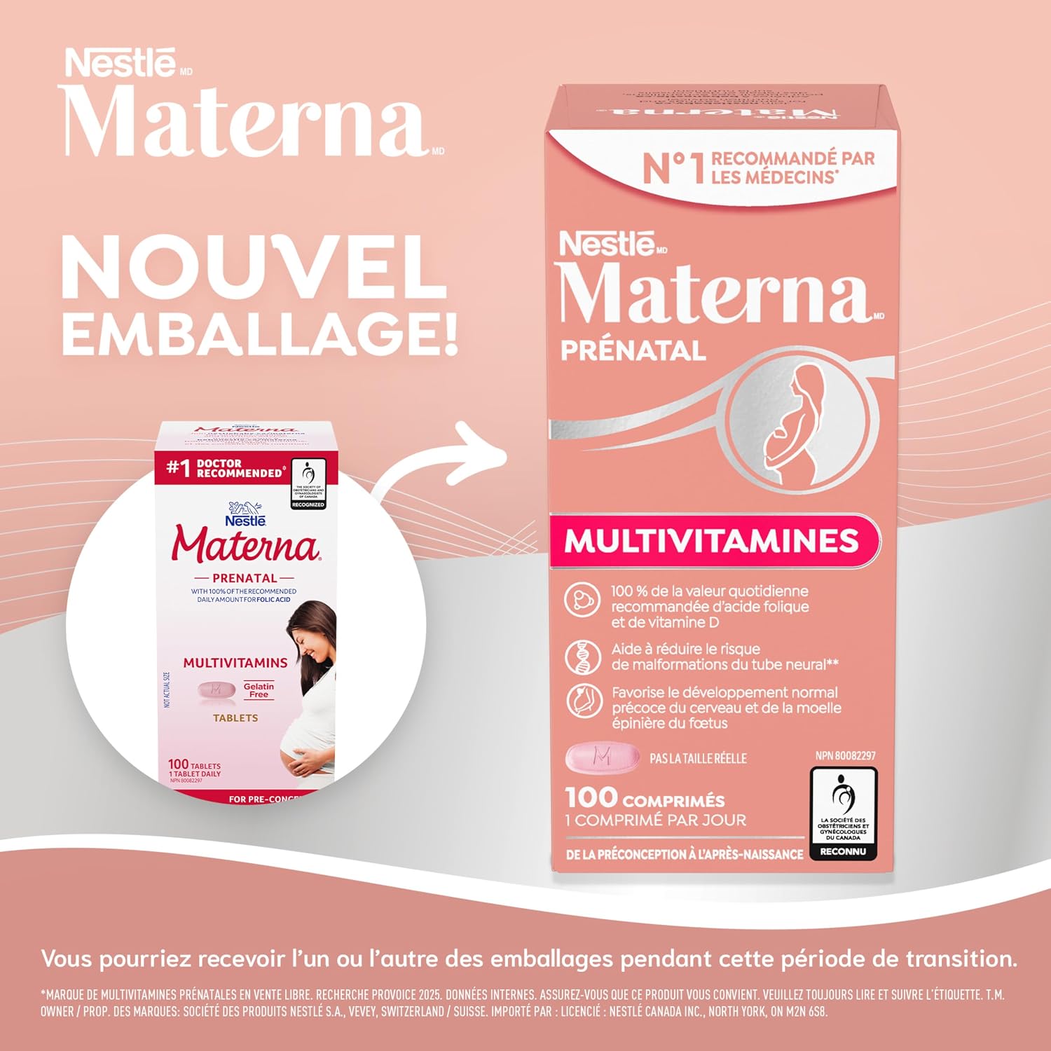 Materna Prenatal French packaging transition showing previous and new package