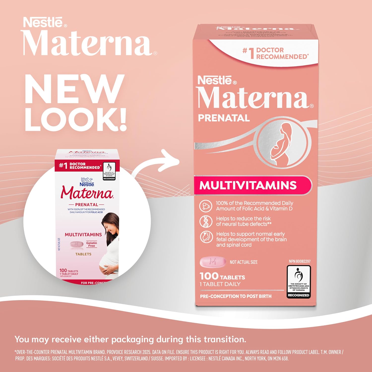 Materna Prenatal multivitamin packaging transition with old and new box designs